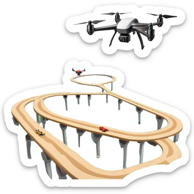 An icon showing a racing quadcopter drone in the foreground, flying at high speed through a course filled with obstacles and checkpoints. Other drones zoom in the background over a dynamic landscape. Transparent background highlights the thrill and precision of drone racing. sticker