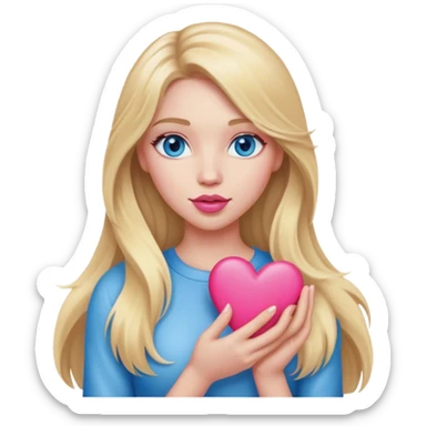 A realistic blonde with long hair and blue eyes and pink lips holds a heart in her hand sticker