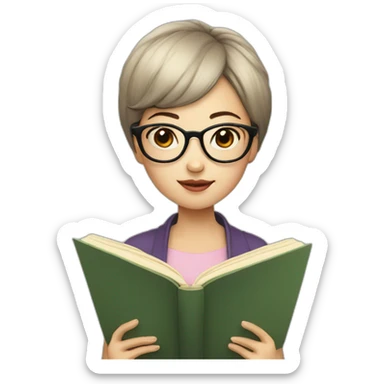Chinese short-haired girl with mushroom head wearing glasses and reading a book sticker