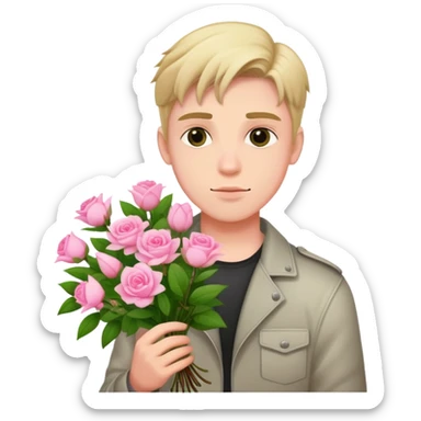 A cool bad boy with fair skin holding a bouquet of pink jasmine roses sticker