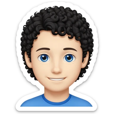 boy, young face like 18 years, blue eyes, medium curly hair black, easy smile sticker