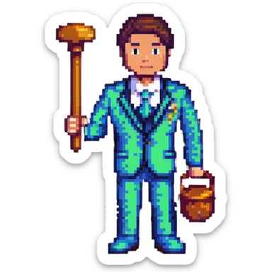 pixel art lawyer with a pixelated suit and a pixelated gavel sticker