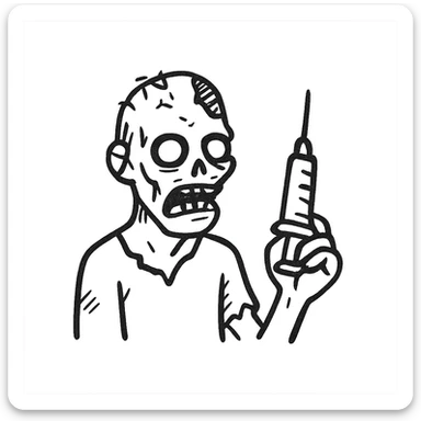 zombie holding a syringe, hand drawn black outline style sticker