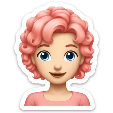 Girl coral pink hair, blue eyes, pink bow, pink blouse, happy sticker