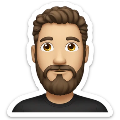 White man with a sun kissed tan and blue eyes. His hair is dark brown, styled sideways backwards. He has a beard and mustache trimmed. Wears s black t-shirt. sticker