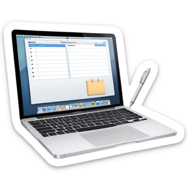 MacBook with online booking system and classic paper notebook with pen side by side, both objects fully visible, no background, no cut-off edges sticker