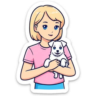 Blonde girl in pink t-shirt and blue eyes and white dog in hands sticker