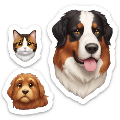 A Bernese dog next to A tortoiseshell cat without white sticker