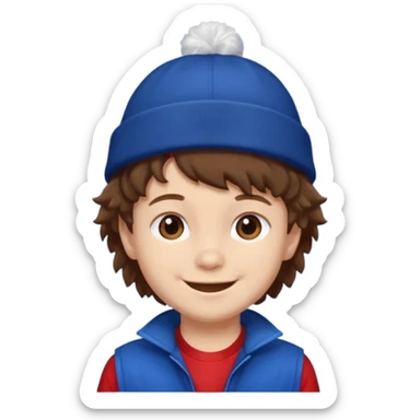 brown fluffy hair kid with blue and white hat dark blue jilet red t shirt sticker