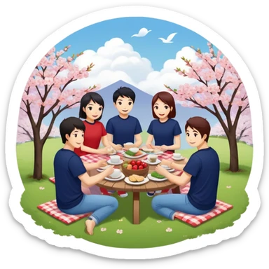 "East Asian teams in department-colored tees (navy/R&D, crimson/sales, sage/HR) picnic under blossoms. Sunlord cloud above. Circular minimal art." sticker