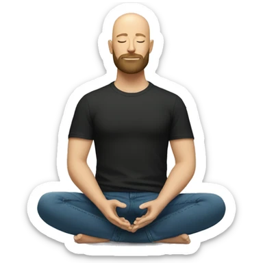 Bald and bearded white man meditating in black tshirt and blue jeans sticker