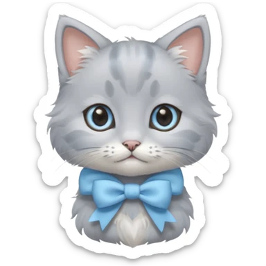 cute fluffy gray kitten with a light blue bow, ghibli style sticker