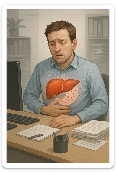 Man sitting at office desk experiencing subtle symptoms of liver dysfunction, upper abdominal pain, nausea, and unexplained fatigue Parasites: Types, Symptoms, Treatment & Prevention, expression of confusion about vague health issues, liver shown in transparent overlay with early inflammation, toxins beginning to accumulate in bloodstream, productivity declining as liver struggles to filter properly sticker