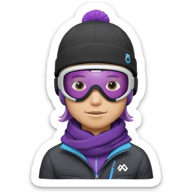 Pro Snowboarder with white and grey beanie, ONE pair of purple and blue frameless goggles on and a black jacket sticker