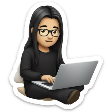 asian boy with glasses, long hair working, wearing black clothes , on his laptop  sticker