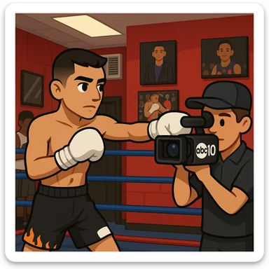 Add the ABC 10 logo to the camera, include a cameraman, make the gym more detailed like the reference photo, and make the boxer resemble the person in the reference image. The style should match the original image's look and feel. sticker