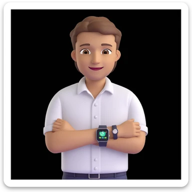 apple-style 3D emoji avatar of a fair, handsome young man with light brown hair, brown eyes, bright smile, wearing white button-up shirt, smartwatch, creative tech-savvy vibe, dark background sticker