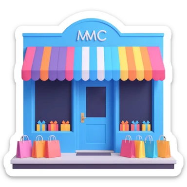 friendly storefront with striped awning and shopping bags at the entrance, pastel colors sticker