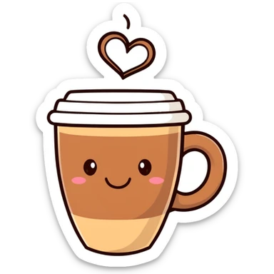 smiling hot coffee cup with heart-shaped steam, different cup design, mocha brown tones, kawaii soft hand-drawn sticker