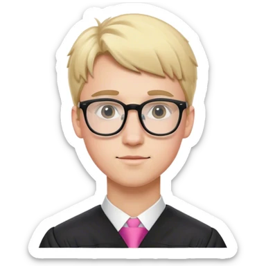 A blonde-haired young white man, wearing glasses, in the middle of his graduation with black and pink theme sticker