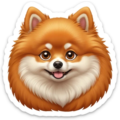 Cinematic Cute Orange Pomeranian Portrait Emoji, Head tilted playfully and inquisitively, featuring a luscious, fluffy orange Fur with a natural sheen, round, sparkling brown eyes filled with curiosity, Simplified yet irresistibly adorable features, highly detailed, glowing with a warm, friendly glow, high shine, affectionate and lively, stylized with a touch of whimsy, bright and endearing, soft glowing outline, capturing the essence of a mischievous yet loving pup, so playful it feels like it could scamper out of the screen and into your arms! sticker