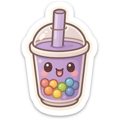 Purple pearl milk tea with rainbow boba, cute and exaggerated Q version sticker style sticker