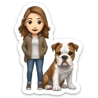 White girl with brown hair holding English bulldog sticker