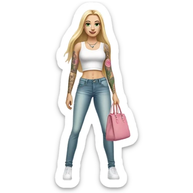 Realistic White girl with Long straight blonde hair, green eyes, tattoos, full body wearing white crop top and jeans, holding pink handbag sticker
