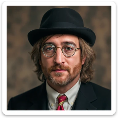 John Lennon with round glasses and a bowler hat, photorealistic style, highly detailed, soft lighting sticker