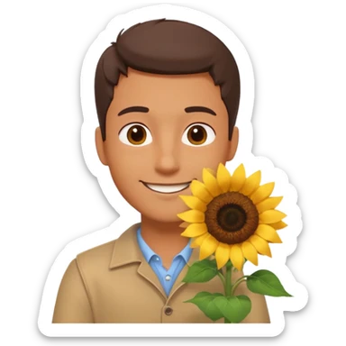 man holding a sunflower portrait, head and shoulders only, gentle smile, sunflower visible in hand, warm positive vibe, 3D cartoon style, mobile game icon style, clean background, no text, no watermark
 sticker