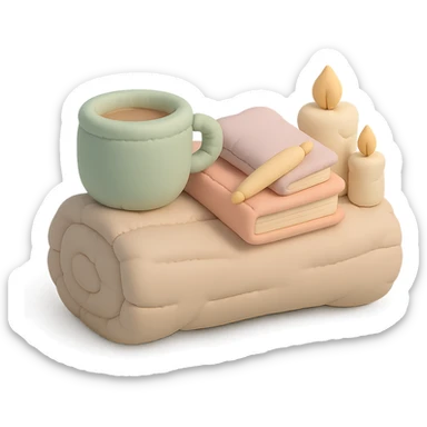 a log with tea, books, and candles, soft forest journaling mood, soft pastel colors, cushion style sticker