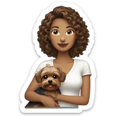 white women with curly medium length brunette hair, holding a cute yorkie dog sticker
