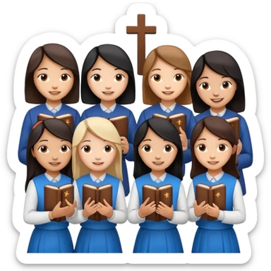 eight asian girls talking to each other holding bibles and crosses sticker