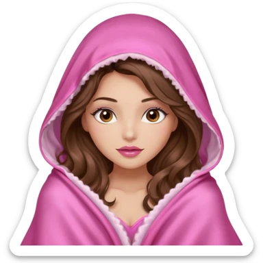 girl with long wavy brown hair, brown eyes, long lashes makeup, sexy pink lips, light to medium complexion, wearing a pink sexy silk top, big blanket over the head cozy  sticker
