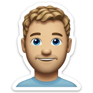 A head and shoulders shot of a 33 year old Caucasian man, with short brown hair,   with blue eyes wearing a t-shirt. sticker