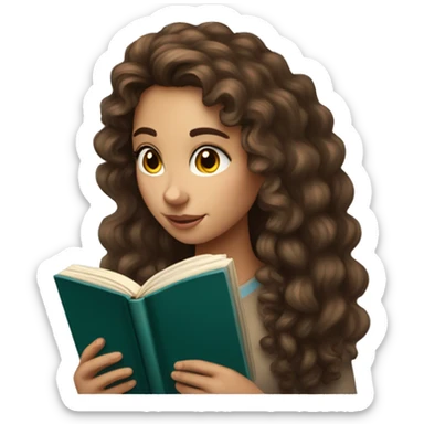 A young woman with long curly brown hair, she has light, white skin, there are two moles on her right cheek, she has brown eyes, she looks not at the camera, but at an open book in her hands sticker