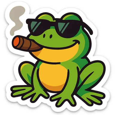 realistic cartoon frog with ray bans, satisfied expression, smoking a cigar, vibrant toon style sticker