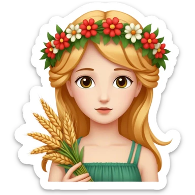 In Greek mythology, Persephone is portrayed as a youthful and attractive goddess with fair skin. She is commonly depicted wearing a wreath of flowers on her head and holding sheaves of grain or a flaming torch.  sticker