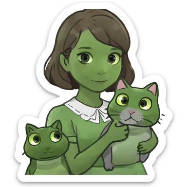 A girl with brown hair holding a grey cat and a cat that is grey and white sticker