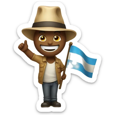 A cheerful and welcoming emoji waving hello, maybe wearing a party hat or holding a flag that says 'Hello!' sticker