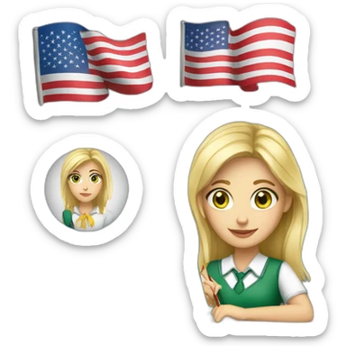 English teacher female with blonde hair and green eyes with English book with Ukrainian flag  and usa flags sticker