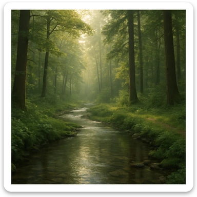 realistic forest landscape, 1920x1080 aspect ratio, early morning, dense trees, clear stream winding through foreground, soft golden morning light, lush greenery, detailed water reflections, gentle mist, no wildlife sticker