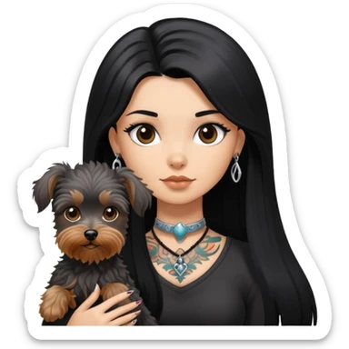 girl with long black  straight hair and tattoos and a  silver Yorkshire and a brown poodle sticker