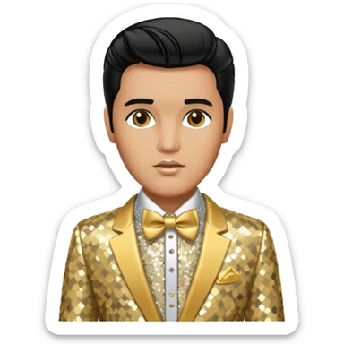 Elvis Presley with silver sequin shirt with gold bow tie, gold sequin suit sticker
