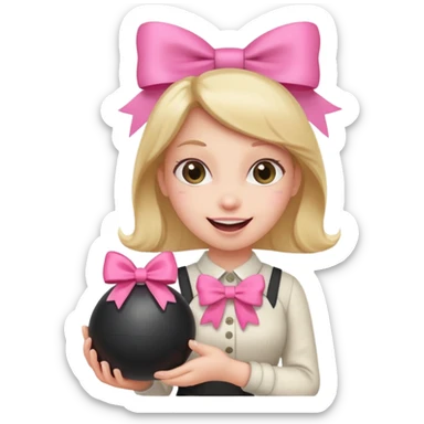 A happy face holding a bomb and the bomb has a cute pink bow sticker