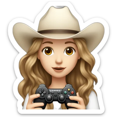 white girl with dark brown hair with a cowboy hat holding a black game controller sticker