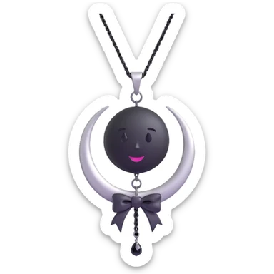 3D emoji gothic bow, white silk, silver crescent moon, black gemstone, black chain fringe sticker