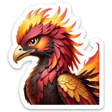 Cinematic Noble Battle-Hardened Mystical Fire Phoenix Portrait Emoji, with scorched, battle-scarred plumage in deep crimson, burnt gold, and smoldering ember hues. Its piercing eyes, hardened by countless conflicts, blaze with unyielding resolve and ancient wisdom. The elongated tail feathers bear vivid marks of fiery combat, rendered with lifelike texture and dynamic highlights, high shine, exuding an aura of mythic martial valor, focused and commanding, with a soft glowing outline that captures a phoenix forged in the fires of war. sticker
