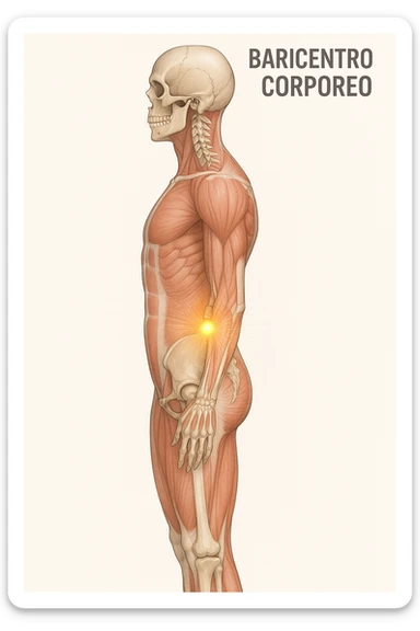 Vertical, educational medical illustration: side view of a human body with the anatomical center of gravity (baricentro corporeo) indicated by a luminous point at the level of the second sacral vertebra. Transparent overlay shows both skeleton and major muscle groups. Clean, modern, white background. sticker