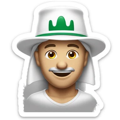 Cubby white wearing white saudi hat with only mustache smiling in a cheesy way lifting his eyebrows with a bit sleepy eyes has one missing tooth smiles with his teeth showing sticker